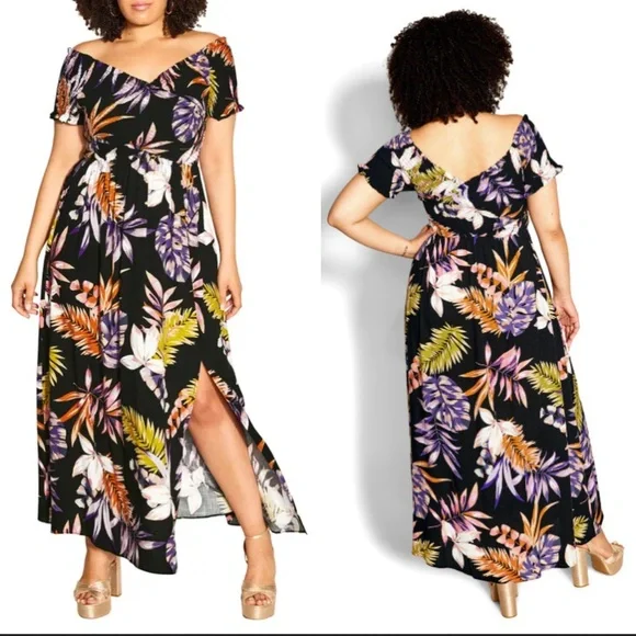 City Chic Skye Off Shoulder Print Maxi Dress - black size 14 - Picture 1 of 14